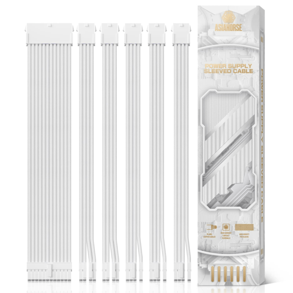 AsiaHorse Power Supply Sleeved Cable, 18AWG PSU Extension Cable Kit of White Connector, 1x24Pin/2x4+4 EPS/3x6+2 PCI-E, 30cm Length with Comb